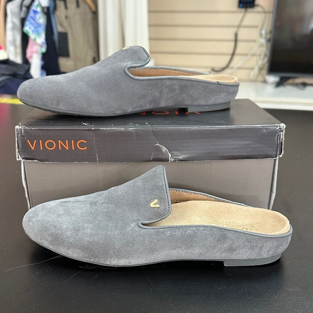 Vionic Grey Suede Slip-On Mule with Gold Accent